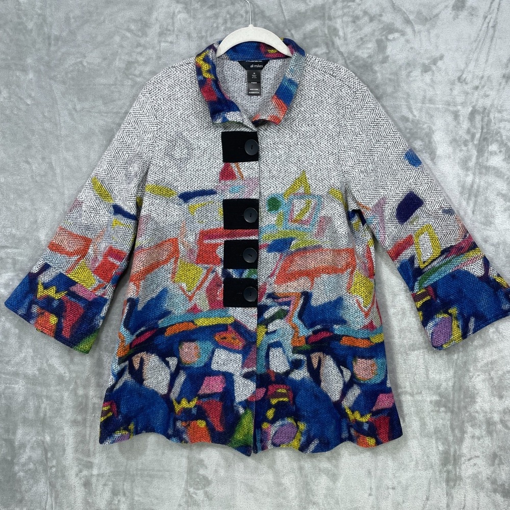 Ali Miles Size S Abstract Art Button Front Jacket Gray Herringbone Multicolor